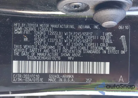 2010 Toyota Highlander Base V6 z USA, uszkodzony, nr VIN 5TDZK3EH6AS019216